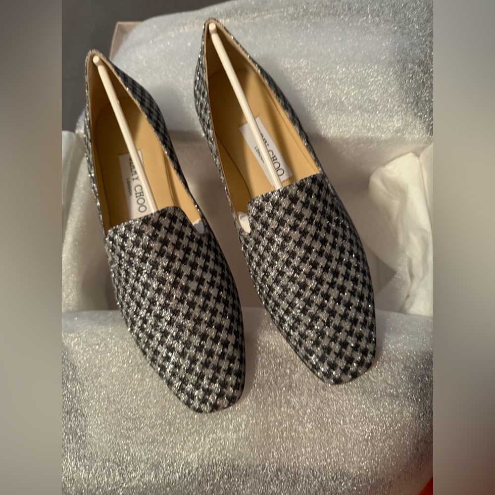 Jimmy Choo Black and Silver Houndstooth Flats